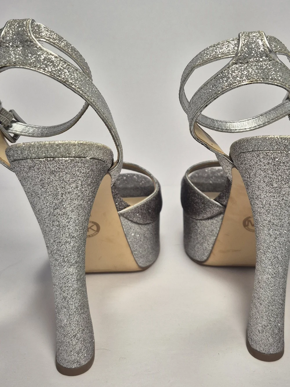 Michael Kors Silver Glitter Chunky Platform Sandals Ankle Strap Buckle Closure